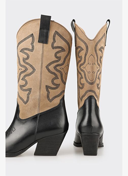 Bej Deri Kadın Western Çizme - Görsel 5