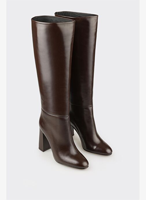 Kahve Deri Kadın Topuklu Çizme - Görsel 3
