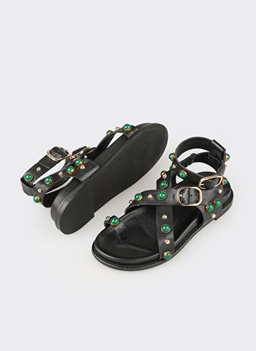 Siyah Deri Kadın Sandalet - Görsel 7