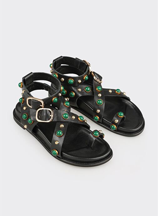 Siyah Deri Kadın Sandalet - Görsel 5