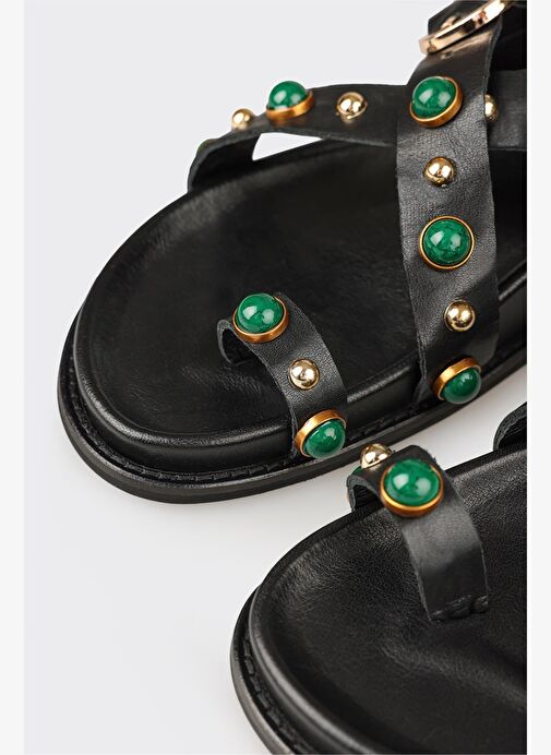 Siyah Deri Kadın Sandalet - Görsel 11