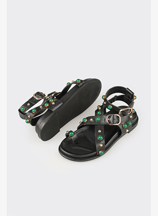 Siyah Deri Kadın Sandalet - Görsel 6