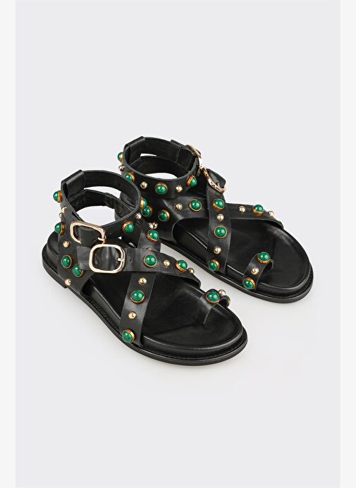 Siyah Deri Kadın Sandalet - Görsel 4