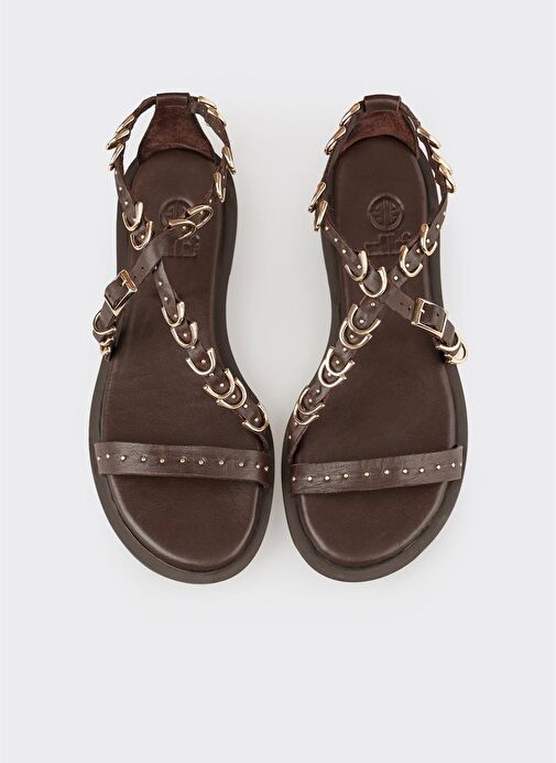 Kahve Deri Kadın Düz Sandalet - Görsel 5