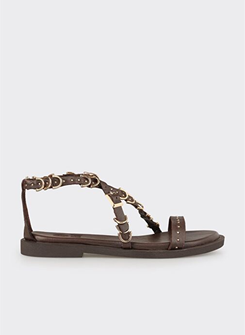 Kahve Deri Kadın Düz Sandalet - Görsel 2