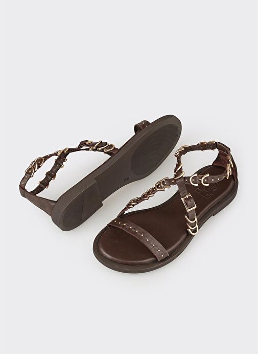 Kahve Deri Kadın Düz Sandalet - Görsel 4