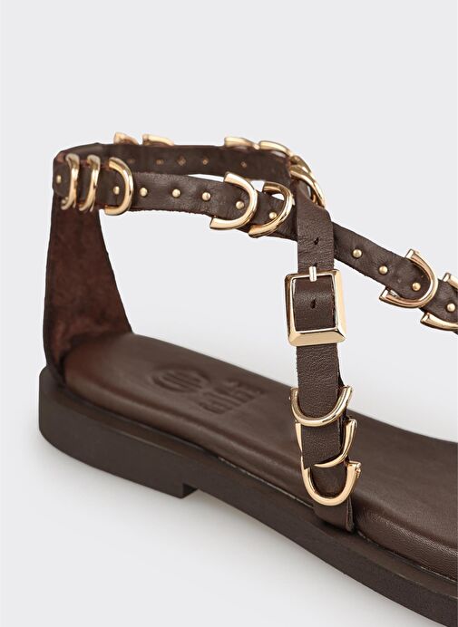 Kahve Deri Kadın Düz Sandalet - Görsel 6