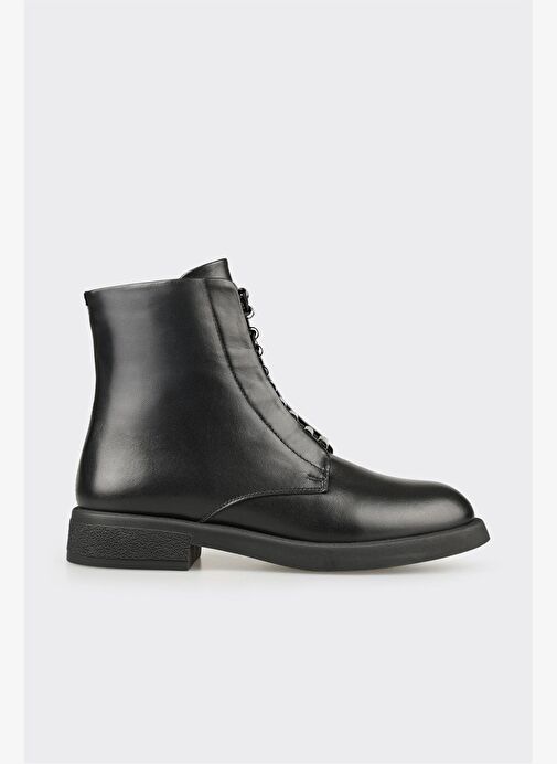 Siyah Deri Kadın Günlük Düz Bot - Görsel 2