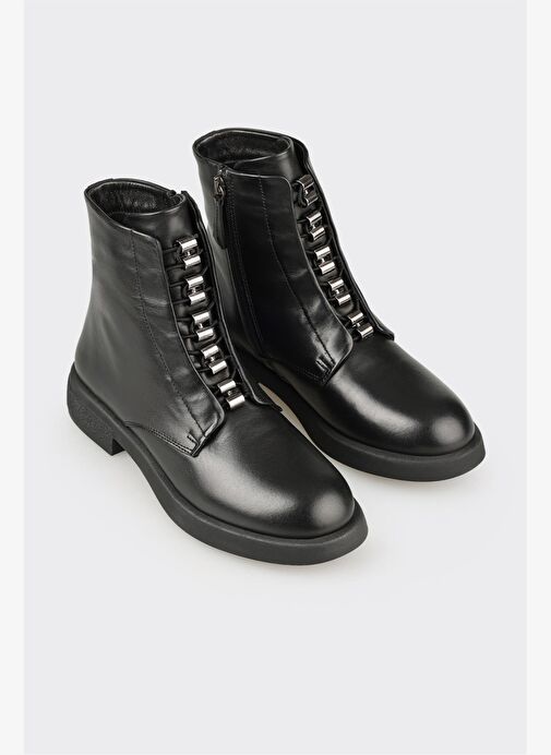Siyah Deri Kadın Günlük Düz Bot - Görsel 3
