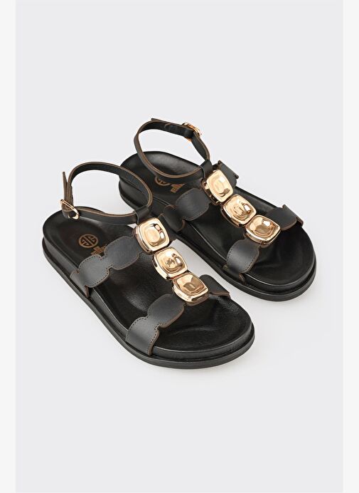 Siyah Deri Kadın Sandalet - Görsel 3