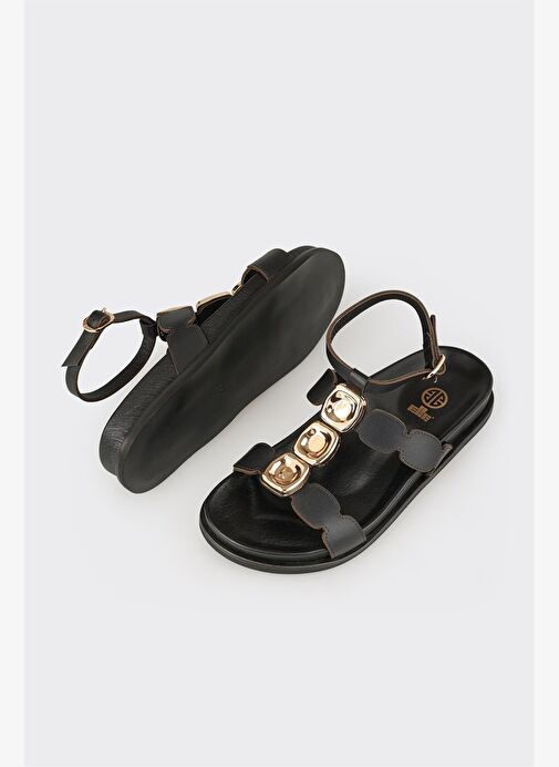 Siyah Deri Kadın Sandalet - Görsel 4