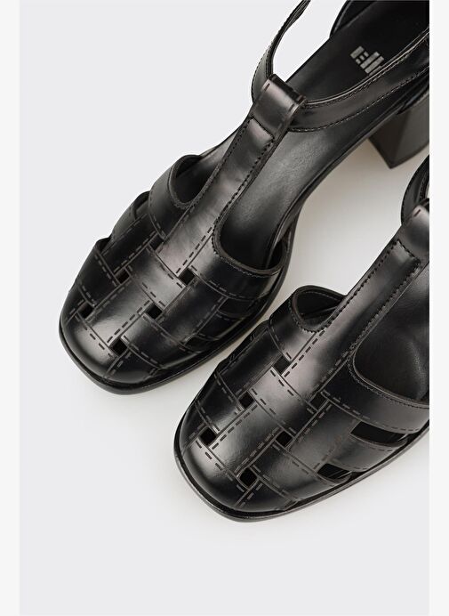 Siyah Deri Kadın Topuklu Ayakkabı - Görsel 5