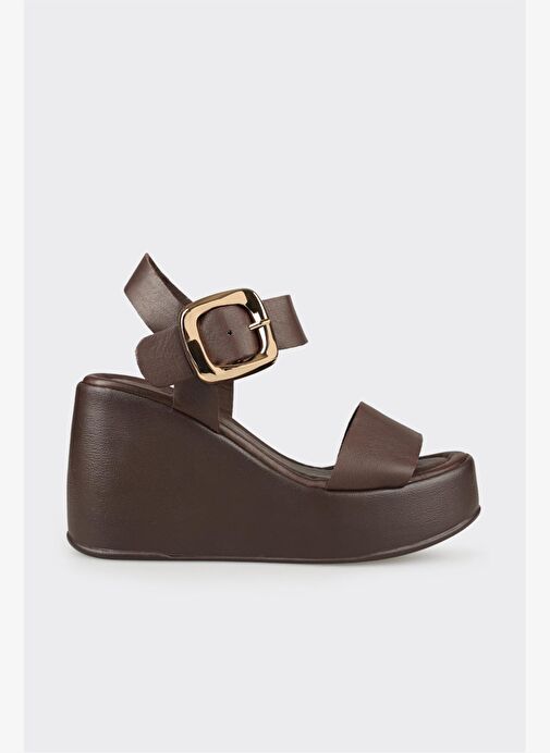 Kahve Deri Kadın Dolgu Topuk Sandalet - Görsel 2