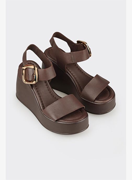 Kahve Deri Kadın Dolgu Topuk Sandalet - Görsel 3