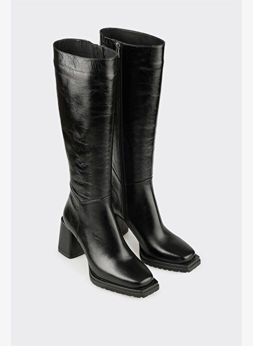Siyah Deri Kadın Yüksek Topuk Çizme - Görsel 3
