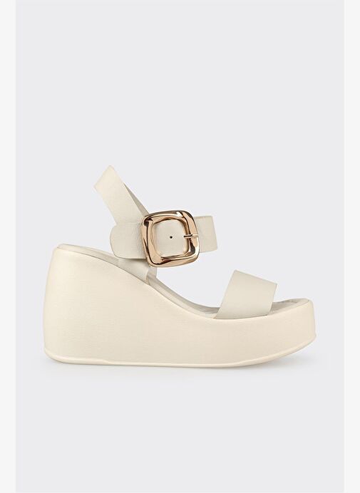Ekru Deri Kadın Dolgu Topuk Sandalet - Görsel 2