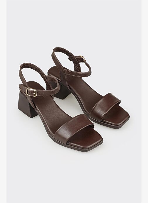 Kahve Deri Kadın Topuklu Sandalet - Görsel 3