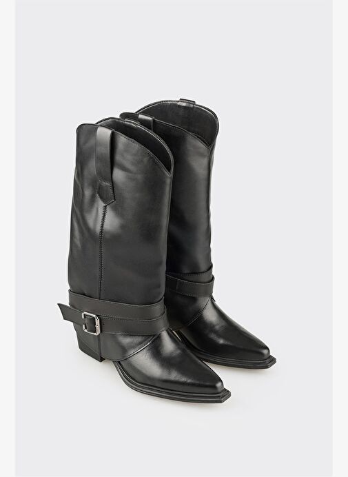 Siyah Deri Kadın Western Çizme - Görsel 3