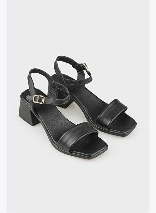 Siyah Deri Kadın Topuklu Sandalet - Görsel 3