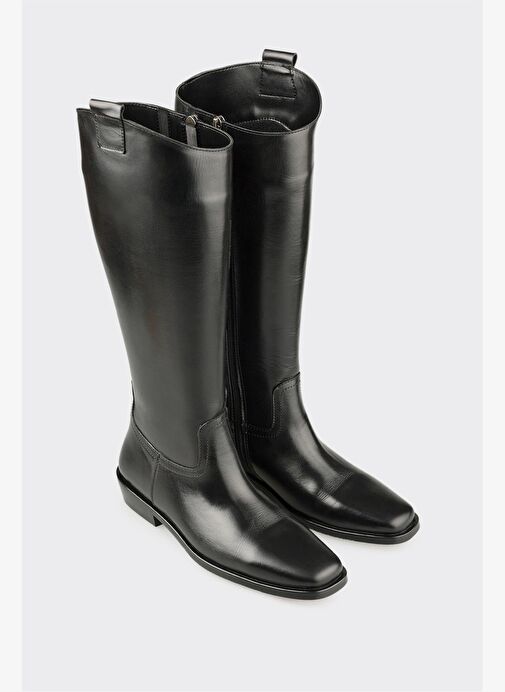 Siyah Deri Kadın Düz Çizme - Görsel 3