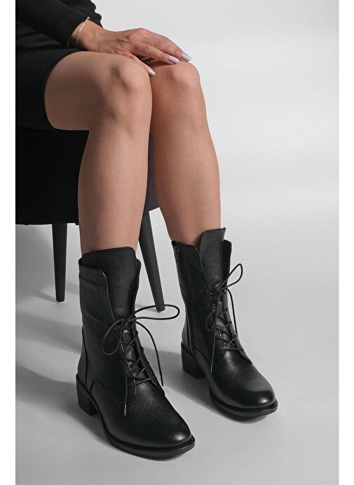 Kadın Hakiki Deri Postal Bot Bağcıklı Fermuarlı Klasik Günlük Bot Mek Siyah - Görsel 5