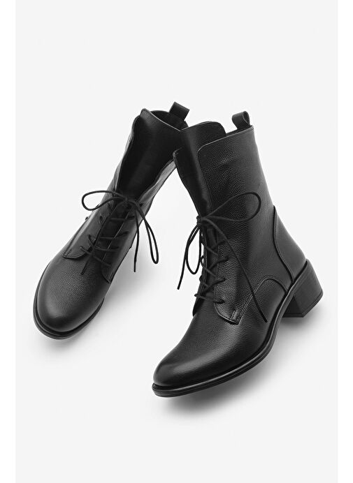Kadın Hakiki Deri Postal Bot Bağcıklı Fermuarlı Klasik Günlük Bot Mek Siyah - Görsel 2