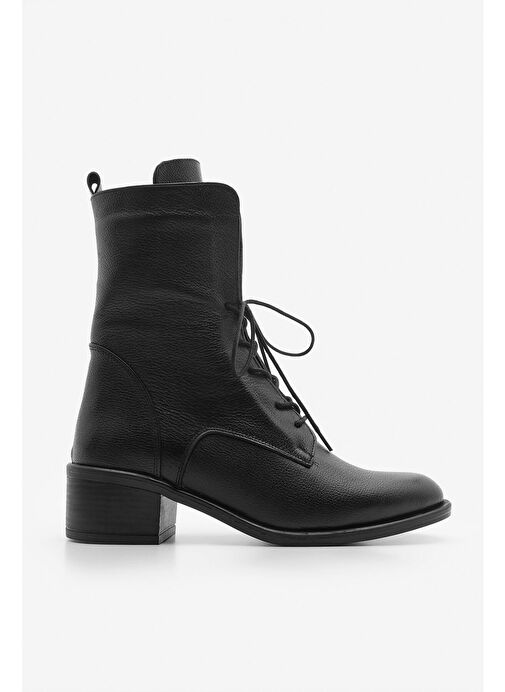 Kadın Hakiki Deri Postal Bot Bağcıklı Fermuarlı Klasik Günlük Bot Mek Siyah - Görsel 4