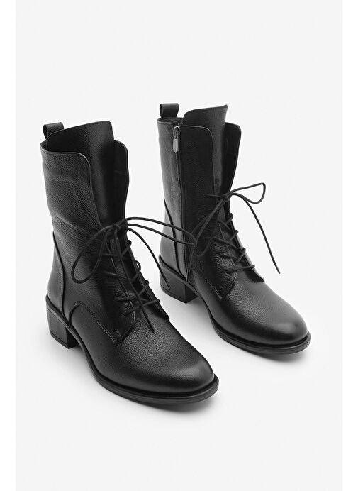 Kadın Hakiki Deri Postal Bot Bağcıklı Fermuarlı Klasik Günlük Bot Mek Siyah - Görsel 6