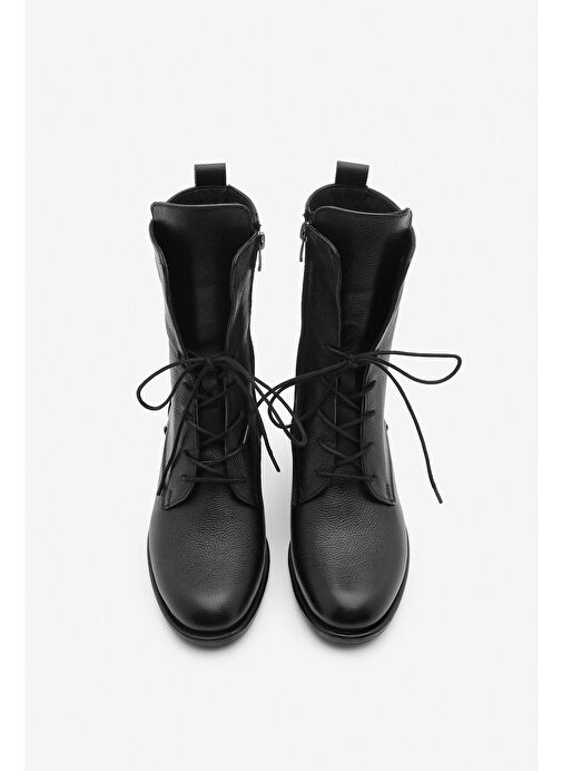 Kadın Hakiki Deri Postal Bot Bağcıklı Fermuarlı Klasik Günlük Bot Mek Siyah - Görsel 7