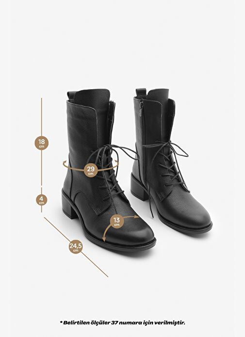 Kadın Hakiki Deri Postal Bot Bağcıklı Fermuarlı Klasik Günlük Bot Mek Siyah - Görsel 9