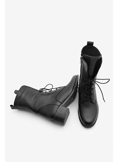 Kadın Hakiki Deri Postal Bot Bağcıklı Fermuarlı Klasik Günlük Bot Mek Siyah - Görsel 8