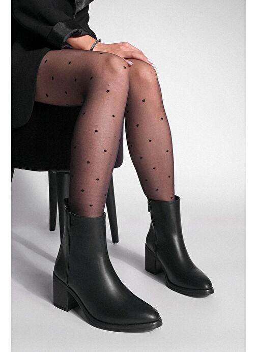 Kadın Topuklu Bot Sivri Burun Fermuarlı Cerin Siyah - Görsel 2