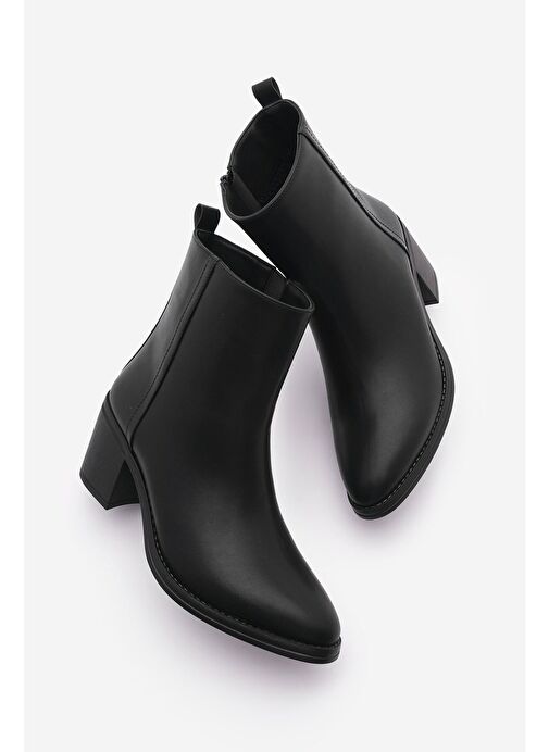 Kadın Topuklu Bot Sivri Burun Fermuarlı Cerin Siyah - Görsel 4