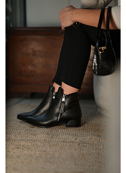Kadın Topuklu Bot&Bootie Sivri Burun Fermuarlı Günlük Klasik Bot Avore Siyah - Görsel 5