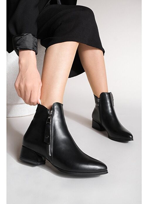 Kadın Topuklu Bot&Bootie Sivri Burun Fermuarlı Günlük Klasik Bot Avore Siyah - Görsel 7
