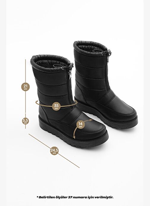 Kadın Kar Botu Kalın Tırtıklı Taban İçi Kürklü Önden Fermuarlı Lastikli Deviza Siyah - Görsel 9