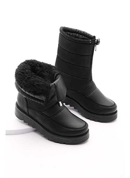 Kadın Kar Botu Kalın Tırtıklı Taban İçi Kürklü Önden Fermuarlı Lastikli Deviza Siyah - Görsel 4