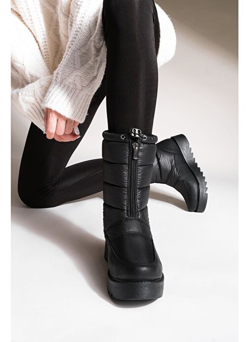 Kadın Kar Botu Kalın Tırtıklı Taban İçi Kürklü Önden Fermuarlı Lastikli Deviza Siyah - Görsel 5