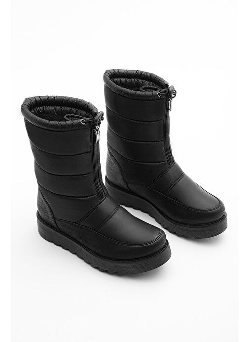 Kadın Kar Botu Kalın Tırtıklı Taban İçi Kürklü Önden Fermuarlı Lastikli Deviza Siyah - Görsel 7