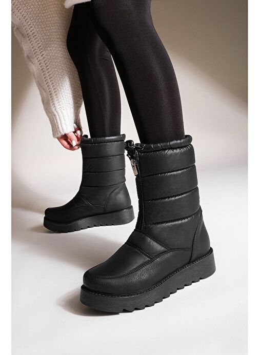 Kadın Kar Botu Kalın Tırtıklı Taban İçi Kürklü Önden Fermuarlı Lastikli Deviza Siyah - Görsel 3