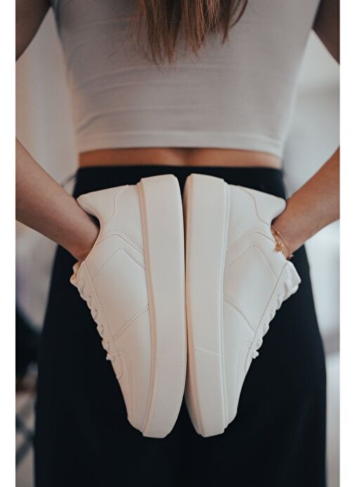 Marjin Kadın Sneaker Yüksek Taban Bağcıklı Spor Ayakkabı Azin Beyaz - Görsel 9