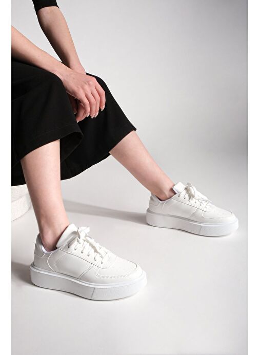 Marjin Kadın Sneaker Yüksek Taban Bağcıklı Spor Ayakkabı Azin Beyaz - Görsel 6