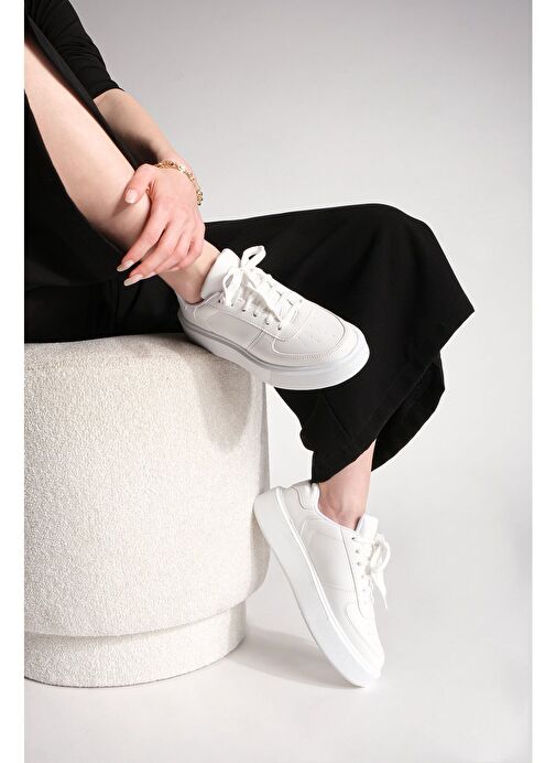 Marjin Kadın Sneaker Yüksek Taban Bağcıklı Spor Ayakkabı Azin Beyaz - Görsel 7