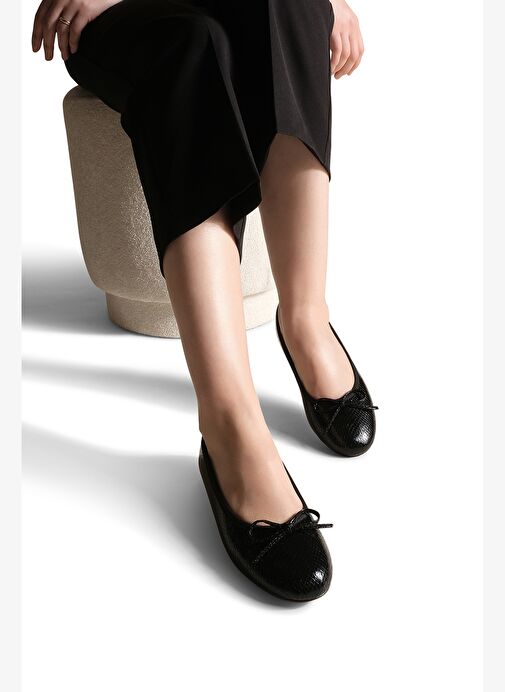 Kadın Günlük Babet Yuvarlak Burun Balerin Babet Adusa Siyah Yılan - Görsel 4