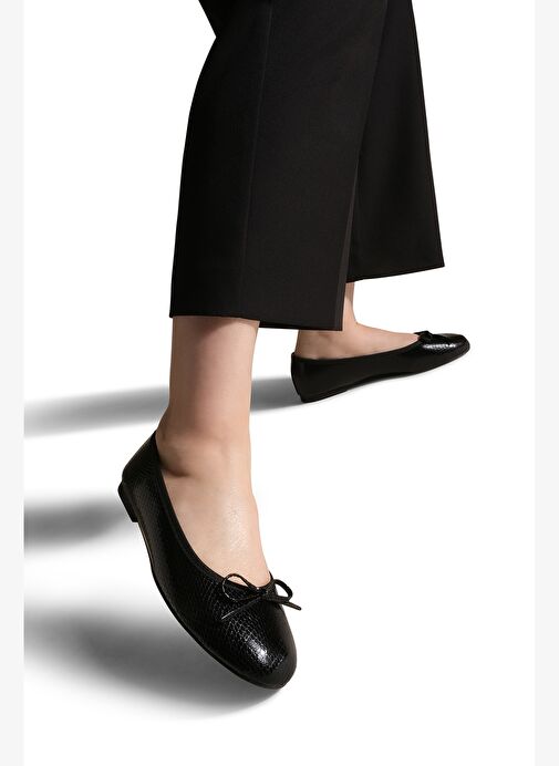 Kadın Günlük Babet Yuvarlak Burun Balerin Babet Adusa Siyah Yılan - Görsel 5