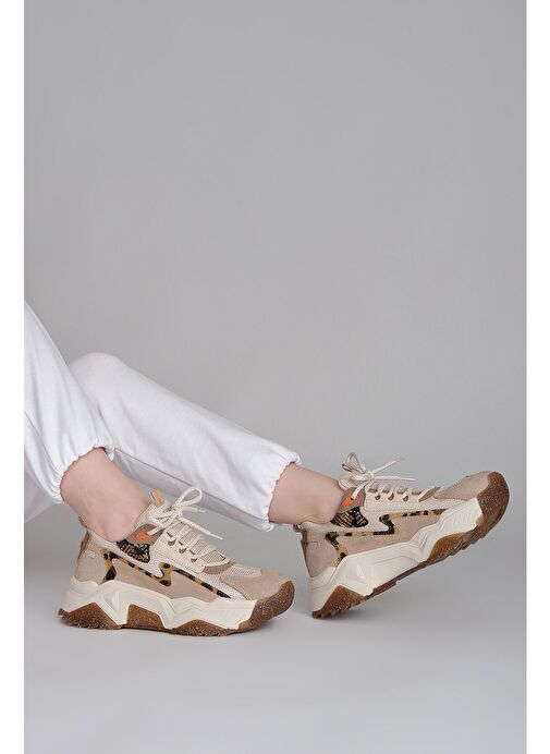 Marjin Kadın Sneaker Leopar Detaylı Spor Ayakkabı Desya Bej - Görsel 4