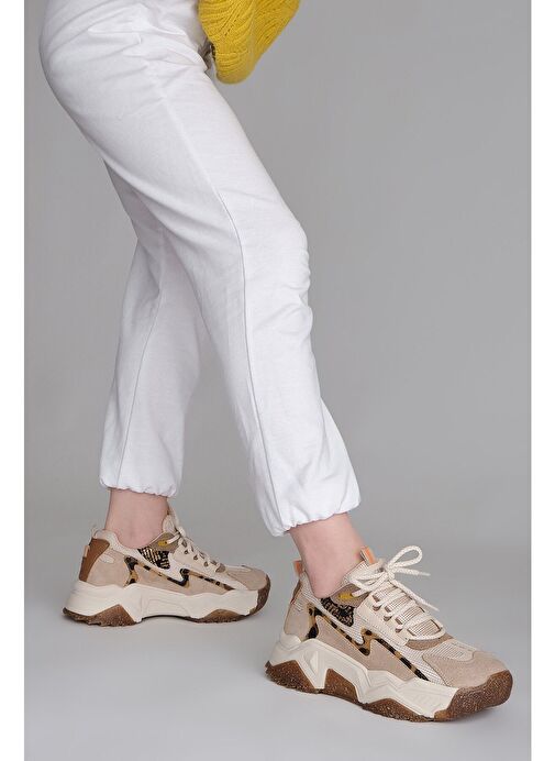 Marjin Kadın Sneaker Leopar Detaylı Spor Ayakkabı Desya Bej - Görsel 6