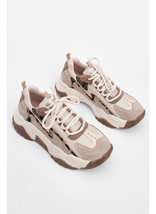 Marjin Kadın Sneaker Leopar Detaylı Spor Ayakkabı Desya Bej - Görsel 7