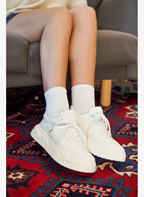 Kadın Sneaker Baskılı Kalın Desenli Taban Spor Ayakkabı Maysa Beyaz - Görsel 3