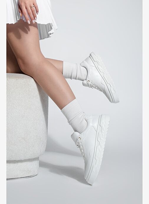 Kadın Sneaker Baskılı Kalın Desenli Taban Spor Ayakkabı Maysa Beyaz - Görsel 5